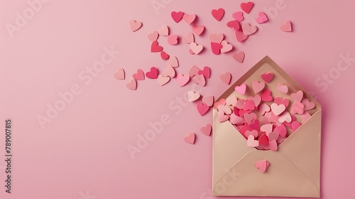 love letter envelope overflowing with paper craft hearts  flat lay on pink valentines or anniversary background with copy space : Generative AI © Generative AI