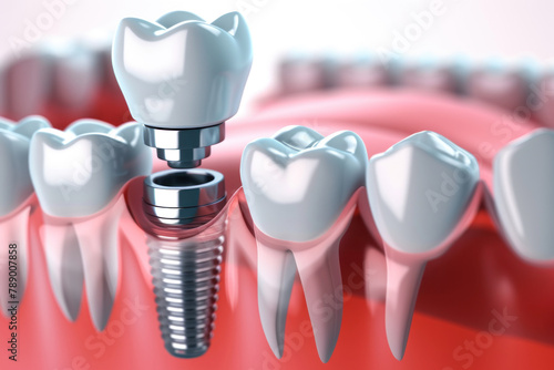 3d illustration of dental implant with white tooth. dental implantation. teeth with implant screw.
