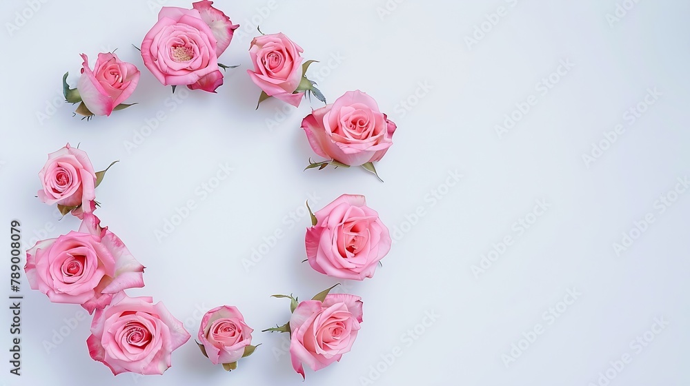 Pink roses on white background Flat lay Frame wreath : Generative AI Pink roses on white background Flat lay Frame wreath : Generative AI