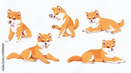 Set of Four cute Akita Inu dogs in various postures.