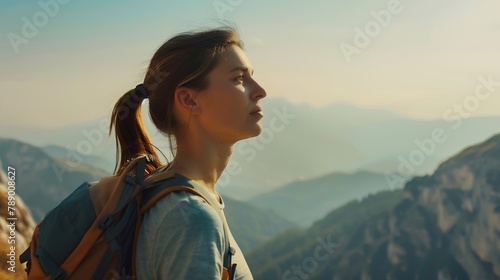 Close up face young confident woman hiker standing on the slope of mountain ridge against mountains looking away enjoying the epic view : Generative AI photo