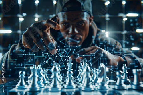 Un estratega moderno, absorto en una partida de ajedrez holográfica, donde la grandeza clásica del juego se encuentra con la vanguardia de la era digital. photo