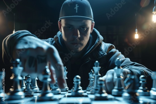 ajo un tenue resplandor, la mirada concentrada de un contendiente de ajedrez penetra el tablero, su gorra proyecta una sombra que refleja su intención estratégica. photo