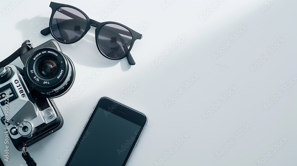 Creative Flat lay style with film camera sunglasses and smartphone on white background with copy space : Generative AI