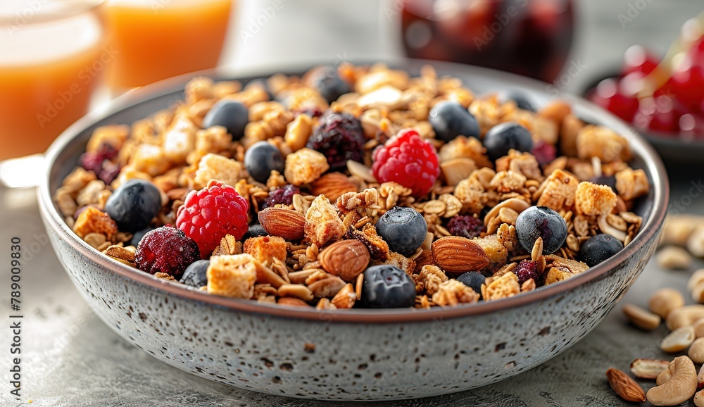 A bowl of fruit and nuts breakfast cereal A bowl of fruit and nuts breakfast cereal