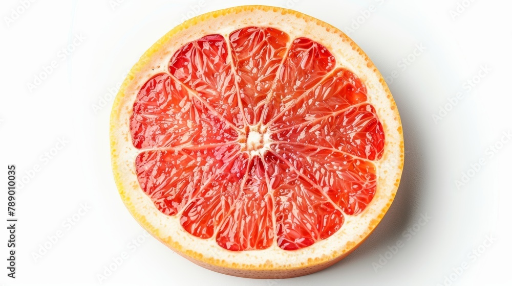Fresh grapefruit slice isolated on white background, vibrant citrus fruit segment close-up Fresh grapefruit slice isolated on white background, vibrant citrus fruit segment close-up