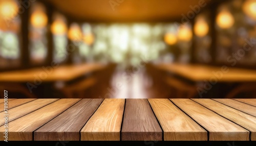 Espresso Elegance: Brown Wood Tabletop with Coffee Shop Blur in Perspective