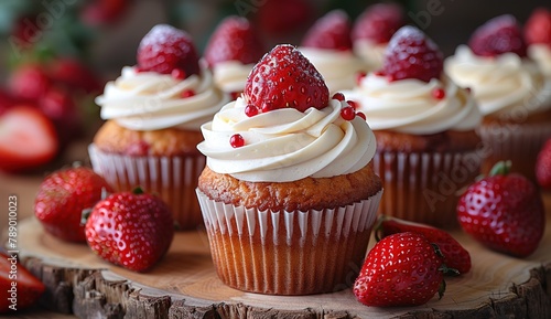 A closeup of strawberry cupcakes with cream cheese frosting, arranged on a wooden surface for an elegant dessert display.
