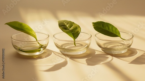 Minimal scene of three glass petri dishes containing green tea leaves against the beige background Green tea Camellia sinensis contains natural antioxidants EGCG : Generative AI