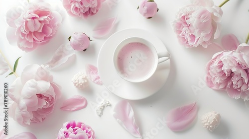Pink peonies coffee with milk and cute feminine accessories on the white background : Generative AI