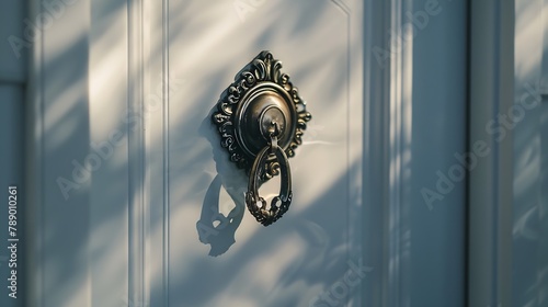 Close up of a door knocker on a white door : Generative AI