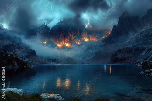 thunderstorms and thunderbolt lightning in night sky in nature over lake with mountains