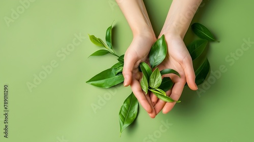 Female hands with green tea leaves on color background : Generative AI