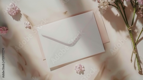 Blank invitation or greeting card mockup with flowers and envelope wedding card flat lay : Generative AI photo