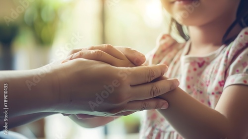 Close up compassionate young foster parent holding hands of little kid girl giving psychological help supporting at home Sincere different generations family sharing secrets or making  : Generative AI photo