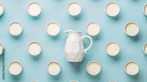 Morning caffee scene, Pastel color and cup of tea,Piles of white ceramic tableware, saucers and cups on a gentle blue background. kitchenware, Blue tea pot ,international milk day 
