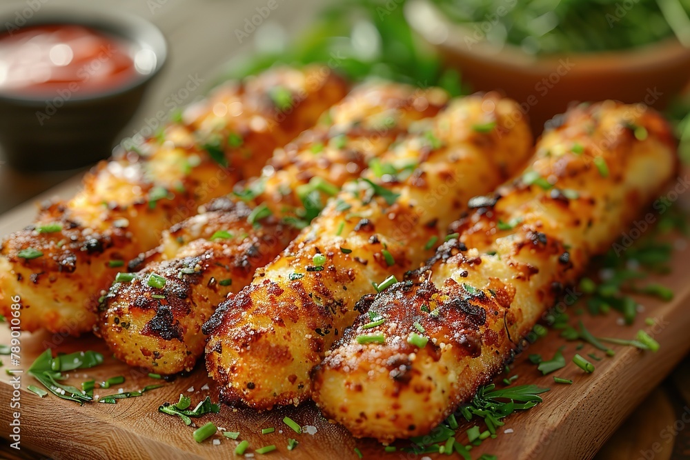 Closeup of pecorino parmesan bread sticks, resembling chicken nuggets. Closeup of pecorino parmesan bread sticks, resembling chicken nuggets.