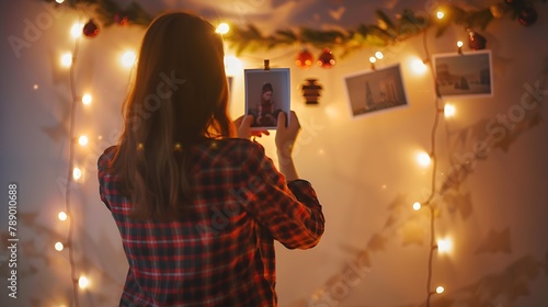 Young beautiful woman hangs a photos on a garland with light on the wall Bokeh girl in red checkered shirt comfort at home New Years mood Christmas decorations : Generative AI photo