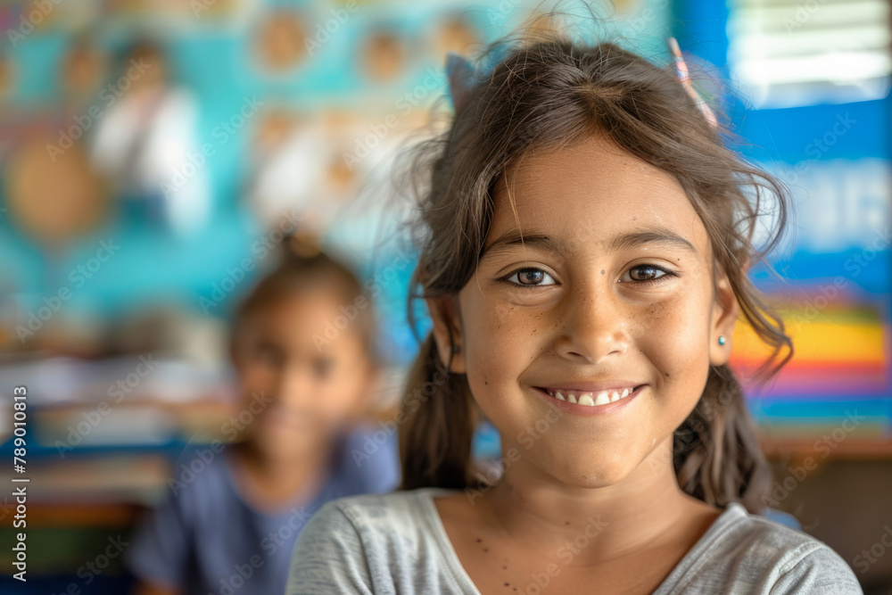 Elementary school girl smiling directly at the camera in her classroom, with a classmate in the backdrop Elementary school girl smiling directly at the camera in her classroom, with a classmate in the backdrop