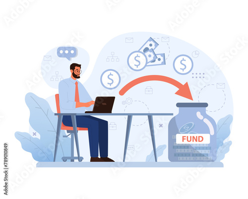 Determined man at laptop directs funds for sponsorship. Flat vector illustration