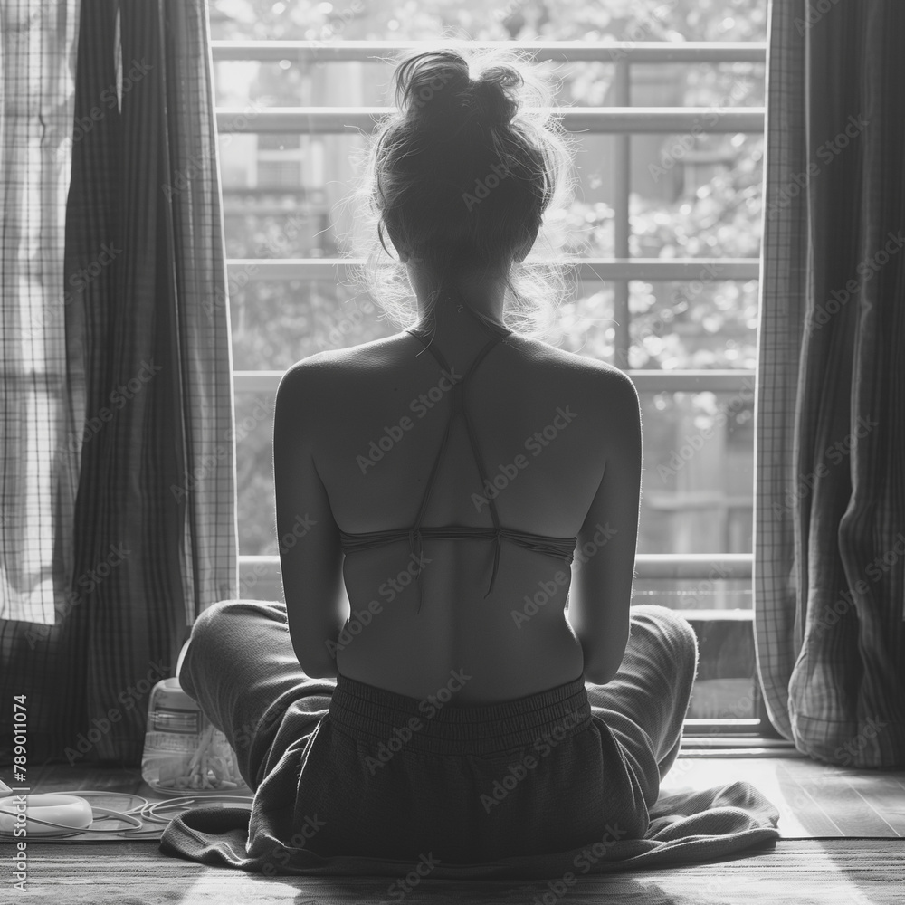 A woman sits cross-legged in front of a window. A woman sits cross-legged in front of a window.
