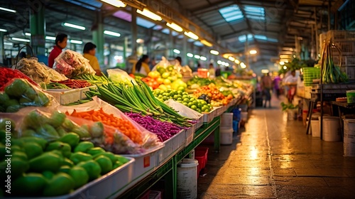 新鮮な野菜が並んだ青果市場の風景
