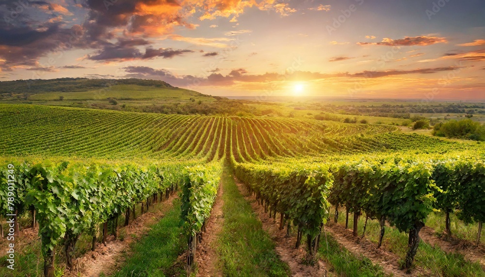 Naklejka premium Golden Horizons: Sunset Splendor in the Vineyard