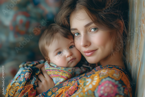 A woman with brown eyes and brown hair is holding a baby. They are both wearing colorful clothing.