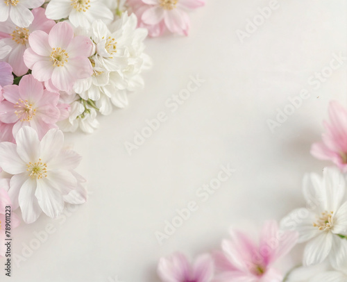 Soft pink and white flowers in full bloom create a beautiful floral background