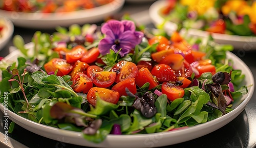 A plate of fresh salad with vegetables and greens, with a purple flower as garnish on the side