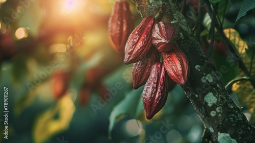 bunch of cacao fruit on a tree in the forest. with a chocolate plant background. close up of chocolate fruits