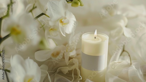 Homemade pillar candle with a blank label near white orchid flowers and tulle close up mockup Brand packaging mock up Home decoration romantic interior : Generative AI