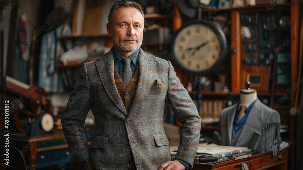 Portrait of male clothes designer in fashionable outfit standing in workshop. Adult european man fashion designer stands with sewing mannequin