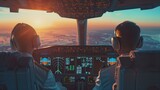 Pilot and co-pilot planning eco-friendly flight routes in aircraft cockpit for emissions reduction