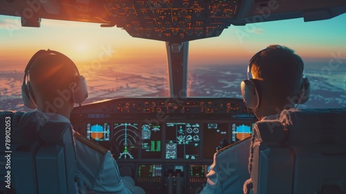 Pilot and co-pilot planning eco-friendly flight routes in aircraft cockpit for emissions reduction photo