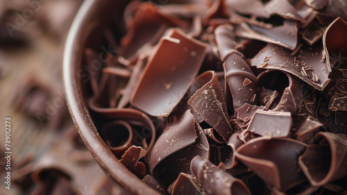 A close-up of chocolate shavings swirling in a bowl, representing the rich texture and decadence