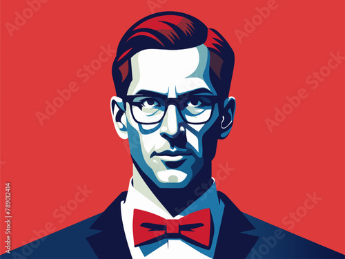 Portrait of man with glasses and bow tie. Vector illustration.