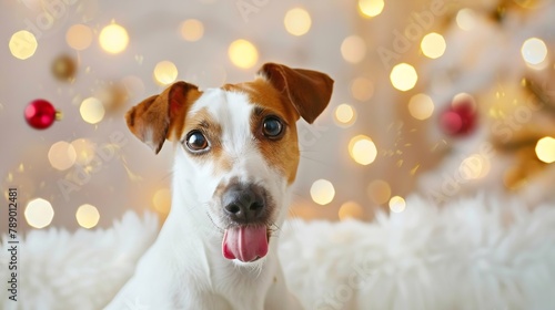 Merry Christmas and Happy New Year Closeup portrait of The Jack Russell Terrier dog the dog licks its lips sitting on a white luxurious sofa against the background of golden bokeh : Generative AI © Generative AI