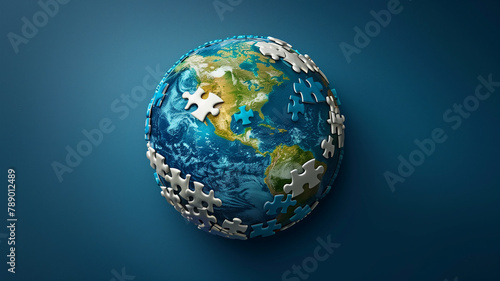 A globe made of puzzle pieces coming together  symbolizing global collaboration for Earth Day