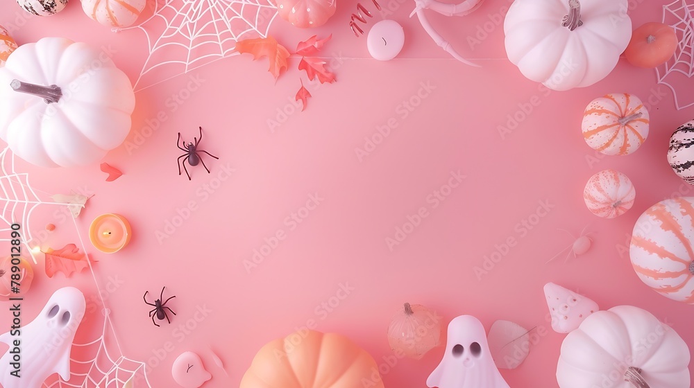 Happy Halloween holiday concept Halloween flat lay composition with cute decorations pumpkins spiders ghosts web on pastel pink background Top view with copy space : Generative AI
