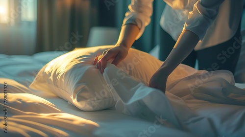 Hands Making Bed from Hotel Room Service : Generative AI