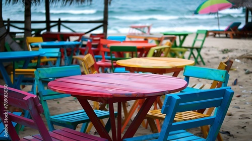 Colorful outdoor tables at the beach are empty © Emma