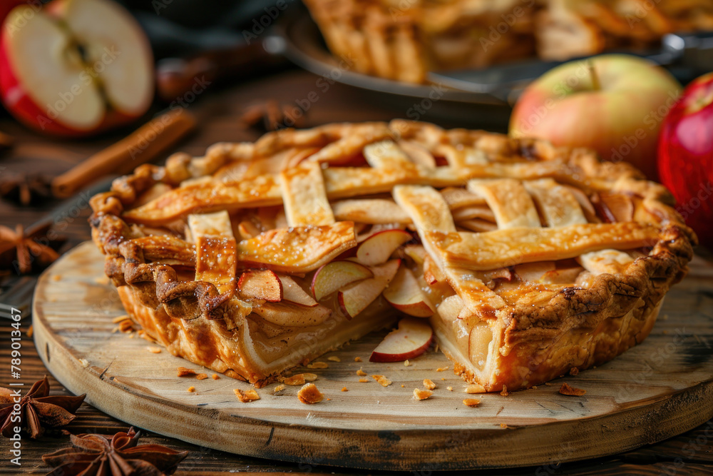 delicious homemade apple pie with a slice cut out on a rustic wooden table delicious homemade apple pie with a slice cut out on a rustic wooden table