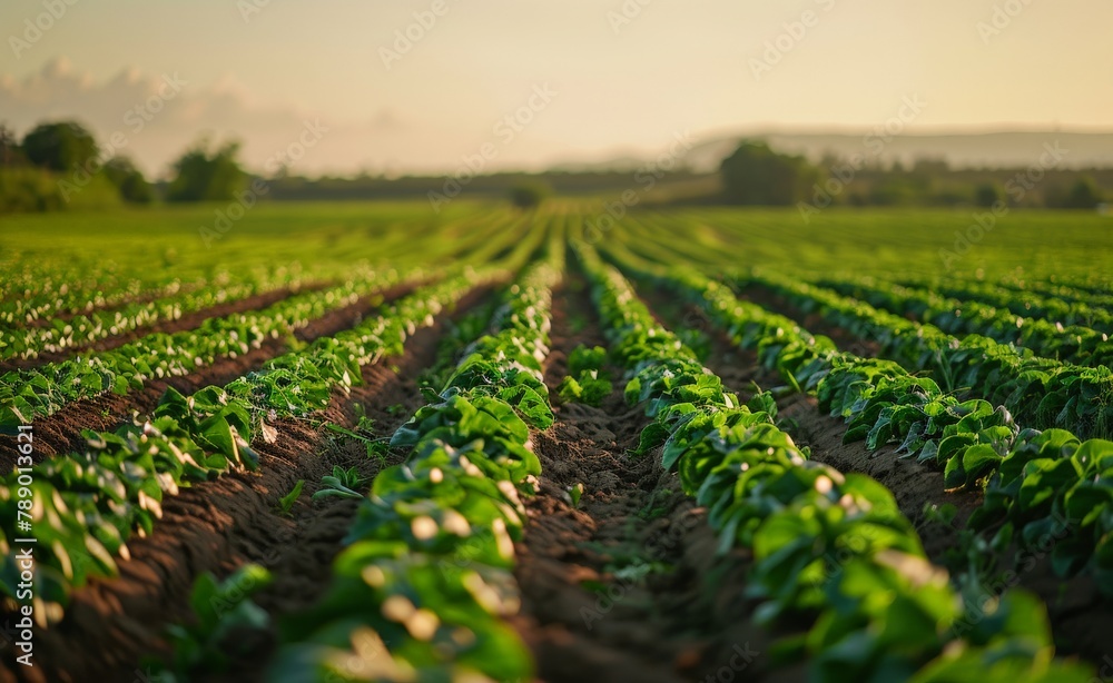 Organic farm field at sunrise, showcasing sustainable agriculture practices that support the environment and local communities. - obrazy, fototapety, plakaty 