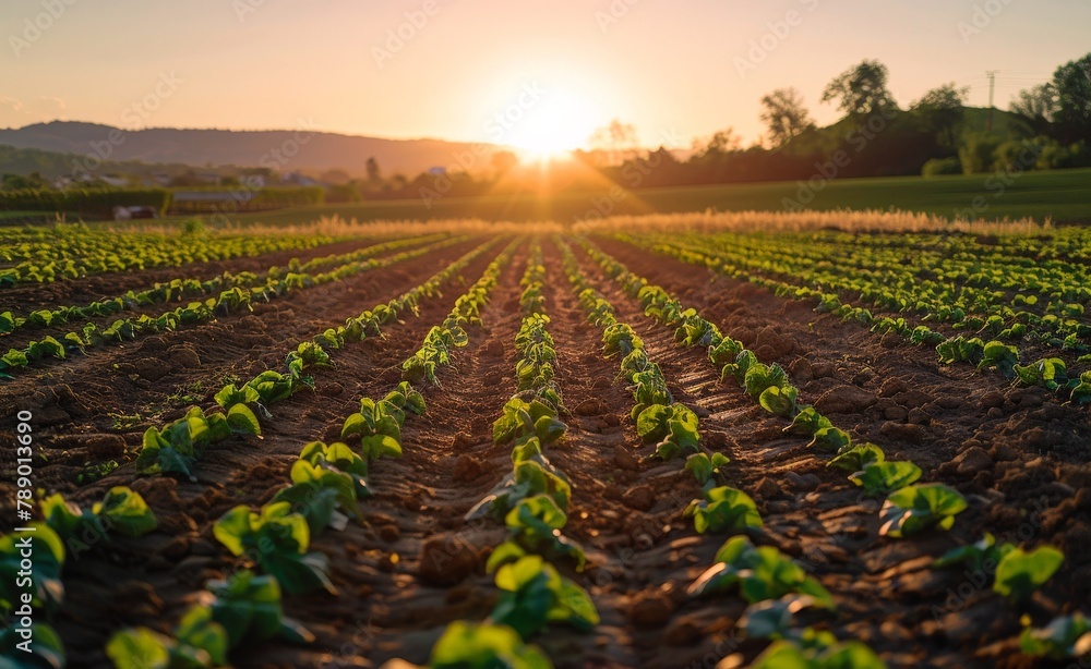 Organic farm field at sunrise, showcasing sustainable agriculture ...