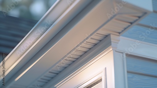Close up of white frame gutter guard system eaves through fascia drip edge colonial white soffit with ventilation brick facade siding on a luxury American single family home neighborho : Generative AI photo