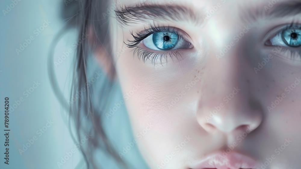 closeup face of pretty girl with beautiful big blue eyes big eyelashes and eyebrows : Generative AI closeup face of pretty girl with beautiful big blue eyes big eyelashes and eyebrows : Generative AI