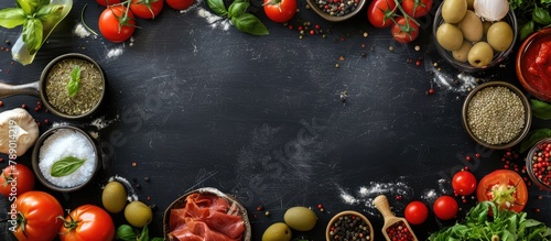 Raw pizza ingredients displayed on the chalkboard with space for adding an image or writing in the middle.