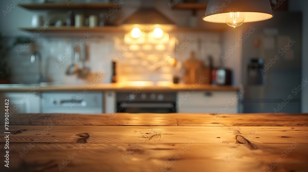 Close up wooden table and decorative kitchen background style Refrigerator dishwasher and stove style with lamp concept : Generative AI