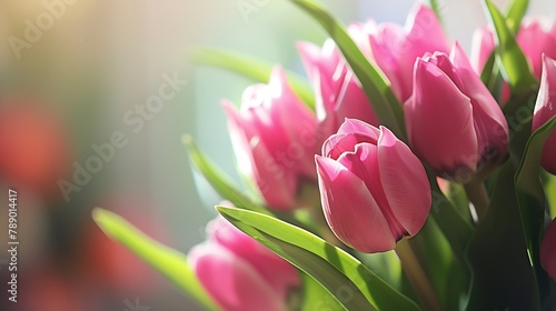 Tulips floral tulip bunch for website design decoration Close up pink flower and light green leaf in bedroom Interior design for house decor townhome real estate property condo buildin : Generative AI photo